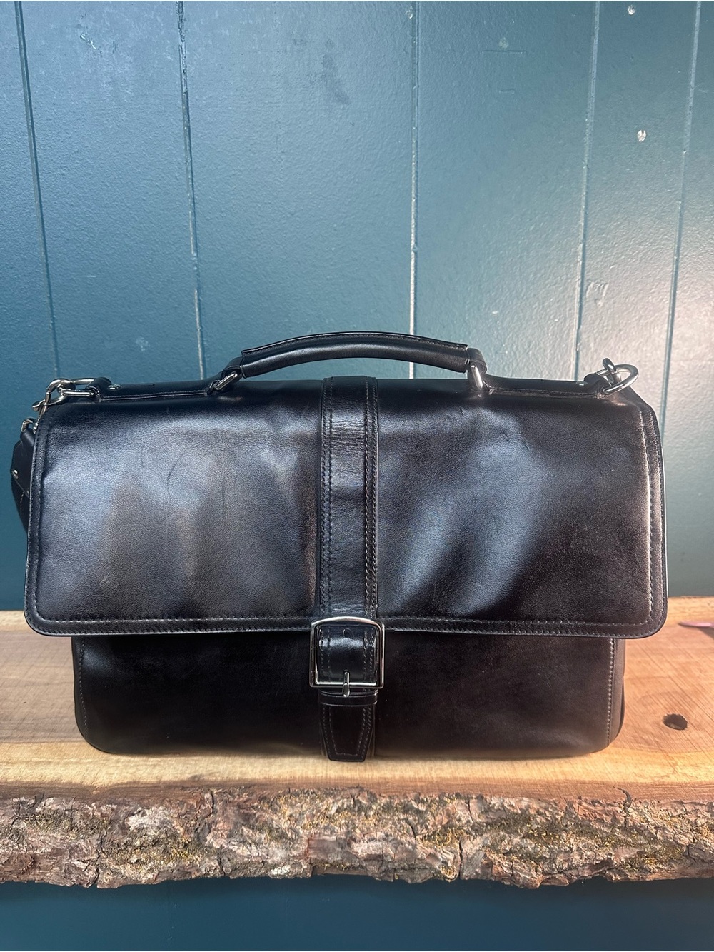 Coach F70096 Thompson Black Leather Briefcase Messenger Laptop Bag Strap